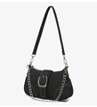 Zwarte denim crossbody tas met witte stiksels en een zilveren metalen gesp - Zwart