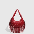 Red leather hobo bag with gold studs and long fringe tassels in bohemian style - Burgundy