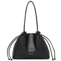 Schicke schwarze Kordelzug-Beuteltasche mit Lederstruktur und FASHION & BAG Schriftzug - Schwarz