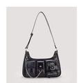 Glänzende schwarze Lackleder-Umhängetasche mit Silberkette und mehreren Taschen - Schwarz