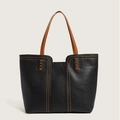 Classic black tote bag with brown straps and contrast stitching for work use - Black