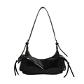 Detail of black glossy faux leather hobo bag with side tassel drawstring accents - Black