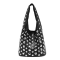 Black punk hobo bag with large silver round studs and smooth leather-like texture - Black