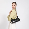 Glossy black leather shoulder bag with side drawstring detail for women - Black