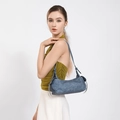 Chic denim blue shoulder bag with retro washed canvas texture and buckle details - Blue