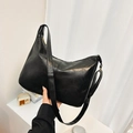 Retro black matte leather crescent tote bag with adjustable strap for women - Black