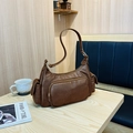 Vintage brown matte faux leather shoulder bag with multiple pockets and gold zippers - Brown