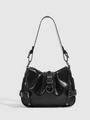 Bolso de hombro en charol negro estilo motero con tachuelas y hebillas metálicas - Negro