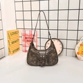 Vintage dark brown PU leather crescent shoulder bag with cracked texture and zipper detail - Brown