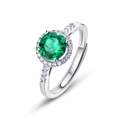 Lussuoso anello in argento S925 con smeraldo rotondo e diamanti bianchi scintillanti - Taglia unica/Regolabile / Placcato Oro Bianco [Pietra Principale 6.5mm] 1ct