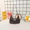 Vintage dark gray crescent underarm bag with cracked texture PU and silver buckles - Gray