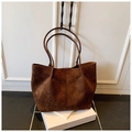 Brown faux suede large capacity tote bag with long handles and minimalist vertical stitching - Coffee (Without Charm)
