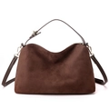 Borsa a mano classica in pelle scamosciata marrone scuro con finiture dorate e tracolla - caffè