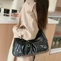Retro black leather tote bag with silver rivets and buckle in motorcycle style - Black