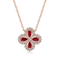 Vintage S925 silver four-leaf clover pendant necklace with red laboratory rubies - Necklace / Lab-Grown Ruby Necklace