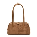 Detail of brown matte suede handbag showing white contrast stitching and long leather handles - Brown