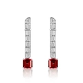 Elegant S925 silver long drop earrings with square red rubies and geometric zircon pavé - 925 Silver / Ruby Red