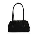 Retro black matte shoulder bag with white stitching and long handles for women - Black