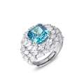 S925 Silberring mit großem himmelblauen Zirkonia im Kissenschliff und Halo-Design - Einheitsgröße (Einstellbar offen) / Himmelblau