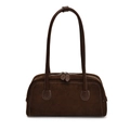 Vintage dark brown suede shoulder bag with contrast stitching and long leather handles - Coffee
