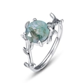 S925 sterling silver ring with natural green moss agate and vine leaf design details - Adjustable HK12# / Thick Silver White Gold