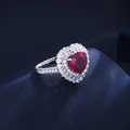 Exquisite S925 silver ring featuring a heart-cut ruby surrounded by white zircon petals - Created Ruby (9*9mm Heart)