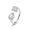 S925 silver open ring featuring emerald and pear cut crystals with halo pavé settings - Open/Adjustable / Pear and Emerald Cut Double Stone / Thick Silver White Gold