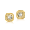 Golden square halo stud earrings with cushion-cut stones and twisted rope border - 925 Silver / Gold