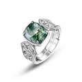 S925 Sterling Silber Ring mit quadratischem Moosachat und hohlen Blattgravuren am Band - Offen US6# / Dickes Silber Weißgold