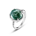 Retro S925 sterling silver ring with oval moss agate gemstone and hammered texture band - Adjustable HK12# / Thick Silver White Gold