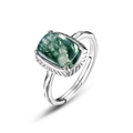 Minimalist S925 silver ring with rectangular natural green moss agate in a vintage style - Open / Silver