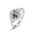 S925 silver moss agate ring with sunburst pattern white zircon halo in an open design - Adjustable Open / Moss Agate