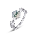 S925 sterling silver ring with natural moss agate featuring leaf design and zircons - Adjustable HK12# / Thick Silver White Gold