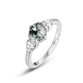 S925 silver moss agate open ring with six-prong setting and braided band design - Adjustable Open / Thick Silver White Gold