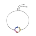 Pulsera ajustable de plata S925 con colgante circular de circonitas arcoíris - 250mm Longitud / Oro Blanco Plata Gruesa