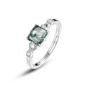 Square moss agate ring in S925 sterling silver with vintage wave pattern accents - Open (Adjustable) / Green Moss Agate / Thick Silver White Gold
