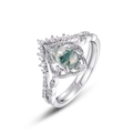 S925 silver pear-cut moss agate ring with cubic zirconia accents on a clean white background - US 7#