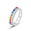 Rainbow gradient S925 silver double-layered ring with colorful zircon stones on white background - US6# / Thick Silver White Gold