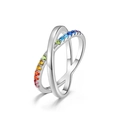 S925 silver double layer cross ring with rainbow cubic zirconia stones for women - US6# / Thick Silver White Gold