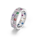 Anello in argento sterling S925 con zirconi colorati a scacchi e pavé di diamanti - US6# / Oro Bianco Argento Spesso