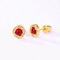 Golden round stud earrings featuring a red gemstone center surrounded by white zircons - 925 Silver / Synthetic Garnet - White Rhinestone