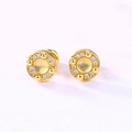 Elegant S925 silver 10k gold plated round stud earrings with halo pave zircon stones - 925 Silver / Synthetic Green Amethyst - White Rhinestone