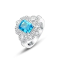 Luxe S925 zilveren ring met rechthoekige lichtblauwe steen en stralende halo zetting - US6# / Dik Zilver Wit Goud