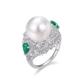 Luxury S925 silver ring featuring a large white pearl and emerald green teardrop stones - US 6# / Silver