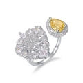 Luxe S925 zilveren open ring met gele druppel edelsteen en leeuwenkop met diamantpavé - Verstelbaar US 7 / Leeuwenkop Open Stijl / Zilver Met Gele Steen