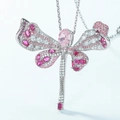 Elegante ciondolo a forma di libellula in argento S925 con diamanti rosa e zirconi - Solo Ciondolo (Senza Catena) / Argento 925