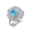 S925 Silber Blumenring mit blauem Saphir Zirkon und eisgeschliffenen Diamanten - Verstellbar offen / Platinbeschichtet (Himmelblauer Zirkonia)