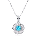Pendente fiore in argento S925 con diamante quadrato blu cielo e design petalo radiante - Ciondolo Solo (Senza Catena) (Argento Spesso Oro Bianco) / Argento 925