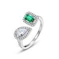 S925 silver open ring featuring emerald-cut green gem and pear-shaped white stone - Adjustable HK12# / Thick Silver White Gold
