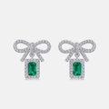 Orecchini a fiocco in argento S925 con gemma taglio smeraldo e micro diamanti incastonati - Argento 925 / Pietra Principale 3*5mm/0.54ct / Oro Bianco Argento Spesso